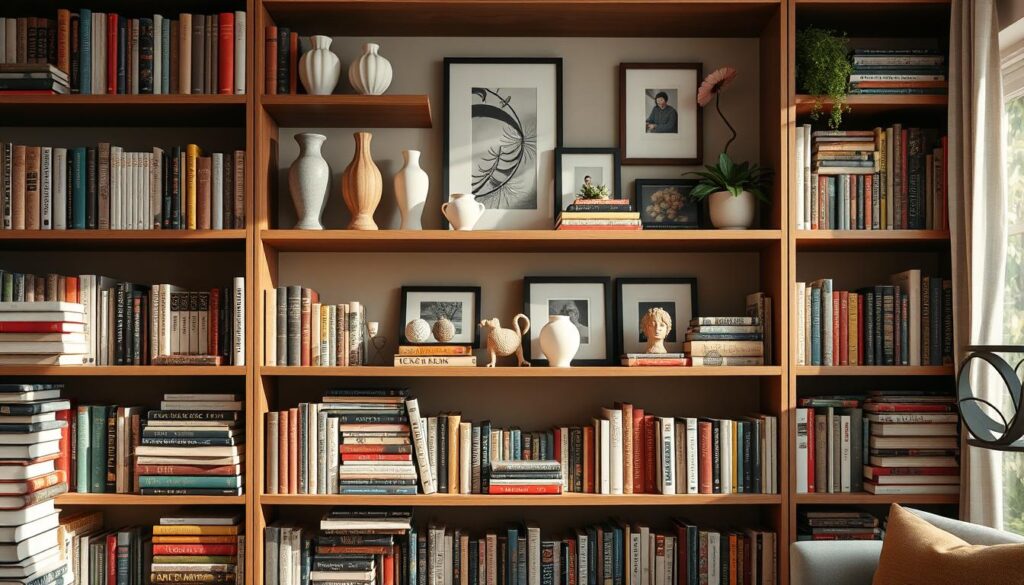 A beautifully arranged bookshelf capturing the essence of decorative styling, featuring a harmonious blend of books and tasteful accessories. In the foreground, shelves filled with a variety of colorful books, both stacked and standing upright, creating an inviting literary atmosphere. On the middle shelves, elegant ceramic vases, artful sculptures, and framed photographs add a personal touch, while soft greenery, such as small potted plants, brings a sense of life. The background hints at a warm, cozy living space with soft natural light filtering through a nearby window, casting gentle shadows. Shot with a DSLR camera to emphasize depth of field, creating a photorealistic quality that highlights textures and colors, evoking a sophisticated and serene mood perfect for an aesthetic decor showcase.