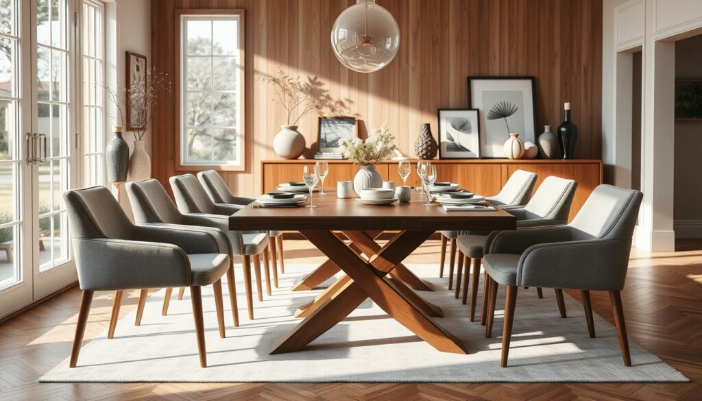 A beautifully arranged dining area featuring a modern wooden dining table as the central focus, surrounded by elegant upholstered chairs. The table is set with tasteful dishware and decorative elements, hinting at an inviting atmosphere. In the background, a stylish sideboard holds decorative vases and art pieces, complementing the overall aesthetic. Soft, natural light filters through large windows, casting gentle shadows across the room, highlighting the textures of the wood and fabric. The composition is captured from a slightly elevated angle, utilizing a DSLR camera for a sharp, photorealistic look, evoking a warm and welcoming ambiance, perfect for family gatherings and social events. A beautifully arranged dining area featuring a modern wooden dining table as the central focus, surrounded by elegant upholstered chairs. The table is set with tasteful dishware and decorative elements, hinting at an inviting atmosphere. In the background, a stylish sideboard holds decorative vases and art pieces, complementing the overall aesthetic. Soft, natural light filters through large windows, casting gentle shadows across the room, highlighting the textures of the wood and fabric. The composition is captured from a slightly elevated angle, utilizing a DSLR camera for a sharp, photorealistic look, evoking a warm and welcoming ambiance, perfect for family gatherings and social events.