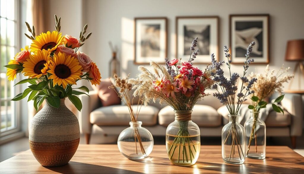 A beautifully arranged indoor setting featuring a mix of fresh and dried flowers in artistic vases. In the foreground, a vibrant bouquet of fresh sunflowers and roses elegantly spills out of a textured ceramic vase. The middle ground showcases a stylish coffee table adorned with delicate dried flower arrangements, such as lavender and eucalyptus, in minimalist glass vases. The background presents a softly lit living space, with warm sunlight streaming through large windows, casting gentle shadows. The scene is framed by tasteful decor elements like a plush sofa and framed artwork, creating an inviting and serene atmosphere. Use a shallow depth of field to focus on the flowers, shot with a DSLR camera to achieve a photorealistic quality that highlights the textures and colors vividly. A beautifully arranged indoor setting featuring a mix of fresh and dried flowers in artistic vases. In the foreground, a vibrant bouquet of fresh sunflowers and roses elegantly spills out of a textured ceramic vase. The middle ground showcases a stylish coffee table adorned with delicate dried flower arrangements, such as lavender and eucalyptus, in minimalist glass vases. The background presents a softly lit living space, with warm sunlight streaming through large windows, casting gentle shadows. The scene is framed by tasteful decor elements like a plush sofa and framed artwork, creating an inviting and serene atmosphere. Use a shallow depth of field to focus on the flowers, shot with a DSLR camera to achieve a photorealistic quality that highlights the textures and colors vividly.