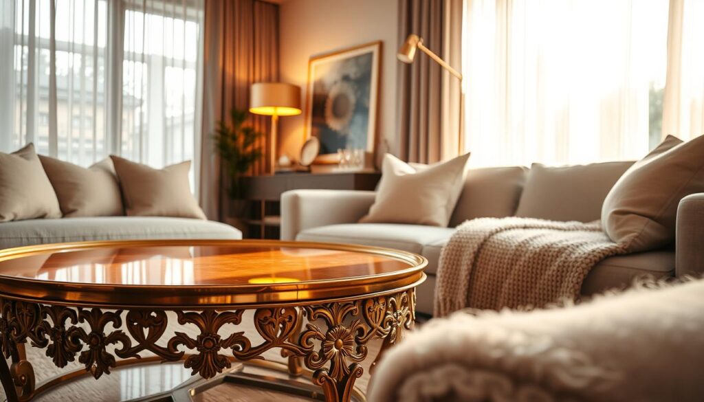 A beautifully arranged interior scene that features warm gold and brass accents in a modern setting. In the foreground, a polished brass coffee table with intricate detailing reflects the soft glow of ambient lighting. Soft, plush textiles in neutral shades contrast with the metallic elements, creating a cozy atmosphere. In the middle ground, a stylish golden lamp casts a warm light, illuminating a contemporary art piece on the wall. In the background, large windows draped with sheer curtains allow natural light to filter in, enhancing the warmth of the metal accents. The composition has a balanced and inviting feel, captured with a DSLR camera for a magazine-quality finish, emphasizing the elegant interplay of textures and light.