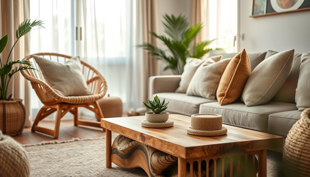 A beautifully arranged interior space showcasing rattan and natural fibers, emphasizing a warm and inviting atmosphere. In the foreground, a cozy seating area features a rattan armchair adorned with soft, textured pillows made from organic materials. The middle ground includes a stylish coffee table made of reclaimed wood, topped with a small potted plant and woven coasters. In the background, natural light filters through sheer, linen curtains, softly illuminating the room and highlighting various elements crafted from jute and cotton. The scene is framed using a DSLR lens to capture vivid detail and depth of field, creating a serene and comfortable mood perfect for promoting the beauty of natural materials. A beautifully arranged interior space showcasing rattan and natural fibers, emphasizing a warm and inviting atmosphere. In the foreground, a cozy seating area features a rattan armchair adorned with soft, textured pillows made from organic materials. The middle ground includes a stylish coffee table made of reclaimed wood, topped with a small potted plant and woven coasters. In the background, natural light filters through sheer, linen curtains, softly illuminating the room and highlighting various elements crafted from jute and cotton. The scene is framed using a DSLR lens to capture vivid detail and depth of field, creating a serene and comfortable mood perfect for promoting the beauty of natural materials.