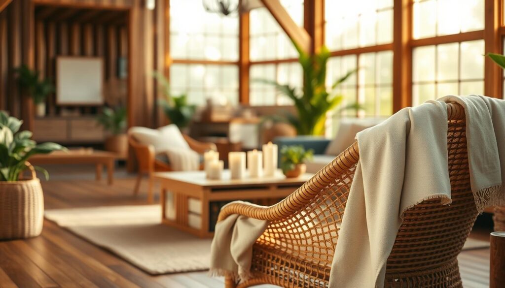 A beautifully arranged interior space showcasing the harmonious combination of natural materials: rich wooden furniture, elegant rattan accents, and soft linen textiles. In the foreground, a cozy living room scene with a textured woven rattan chair draped with a light, airy linen throw. The middle ground features a rustic wooden coffee table adorned with a small potted plant and natural candles. The background highlights wooden beams and large windows allowing warm, natural light to flood the room, enhancing the inviting atmosphere. The image is captured in a detailed photorealistic style as if shot with a DSLR camera, focusing on soft shadows and a soothing color palette of earth tones. The mood conveys tranquility and comfort, reflecting the essence of natural materials in living spaces. A beautifully arranged interior space showcasing the harmonious combination of natural materials: rich wooden furniture, elegant rattan accents, and soft linen textiles. In the foreground, a cozy living room scene with a textured woven rattan chair draped with a light, airy linen throw. The middle ground features a rustic wooden coffee table adorned with a small potted plant and natural candles. The background highlights wooden beams and large windows allowing warm, natural light to flood the room, enhancing the inviting atmosphere. The image is captured in a detailed photorealistic style as if shot with a DSLR camera, focusing on soft shadows and a soothing color palette of earth tones. The mood conveys tranquility and comfort, reflecting the essence of natural materials in living spaces.