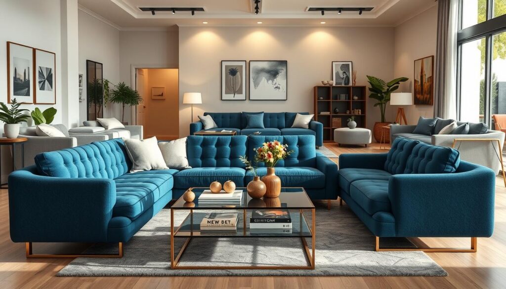 A beautifully arranged living room featuring a collection of modern modular sofas in various configurations. The foreground showcases a plush, contemporary sofa in deep blue fabric with elegant tufted details, paired with a sleek, glass coffee table adorned with minimalistic decor. In the middle, several additional modular sofa sections are displayed, showcasing versatility through different seating arrangements. The background should include tastefully decorated walls with art pieces and soft ambient lighting that creates a warm and inviting atmosphere. The scene is shot with a DSLR camera from a low angle, capturing the richness of textures and the cozy vibe of the living space. Natural light filters through large windows, enhancing the photorealistic quality and inviting feel of the room.