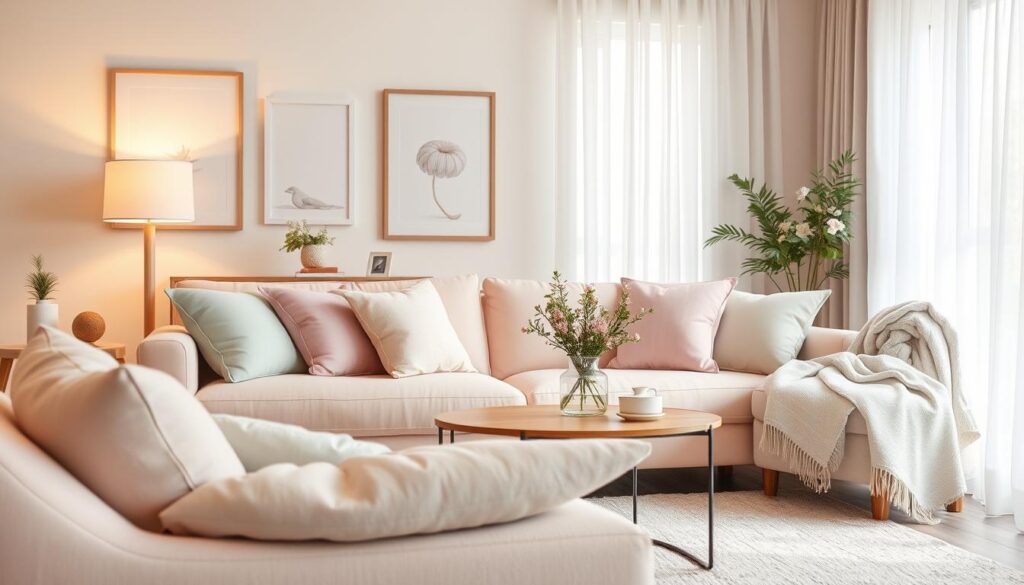 A beautifully arranged living room featuring pastel-colored home décor elements, including soft cushions, delicate throw blankets, and subtle artwork on light walls. In the foreground, a stylish pastel pink sofa adorned with mint green and lavender pillows invites relaxation. The middle ground includes a cozy coffee table with a vase of fresh flowers in soft hues and a softly lit lamp. In the background, gentle natural light filters through sheer curtains, creating a serene and tranquil atmosphere. The scene is captured from a slightly elevated angle, showcasing a warm and inviting space, ideal for evoking a calm ambiance. Shot with a DSLR camera to achieve a photorealistic effect, emphasizing the soothing pastel palette and harmonious design.