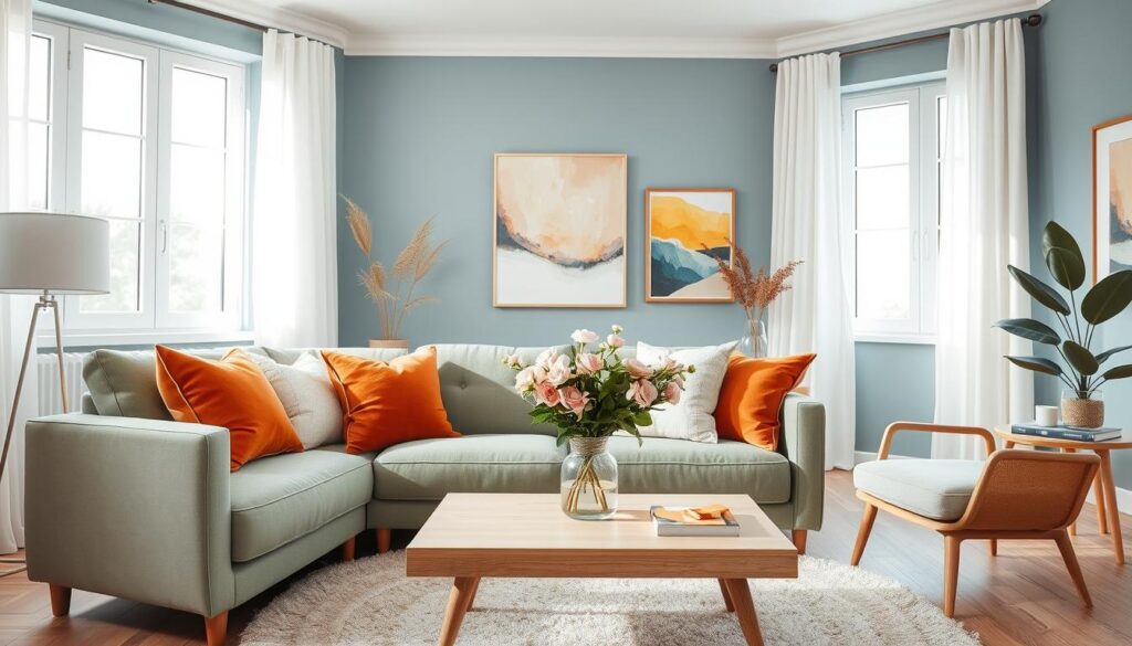 A beautifully arranged living space embodying modern color trends. In the foreground, a stylish sofa upholstered in a calming sage green, adorned with decorative pillows in warm terracotta and soft beige. The middle ground features a chic coffee table, made of light wood, with a tasteful vase displaying fresh flowers in muted pastels. In the background, large windows flood the room with natural light, showcasing soft white curtains that gently sway. The walls are painted in a contemporary soft blue, complemented by framed abstract art in harmonious color schemes. The overall mood is serene and inviting, captured in a photorealistic style with a DSLR camera, emphasizing texture and depth. The lighting should be warm and soft, creating a cozy atmosphere perfect for showcasing popular color tones for a stylish home.