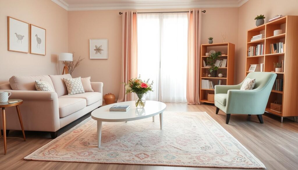 A beautifully arranged living space featuring pastel-colored furniture, including a light pink sofa and a mint green armchair, set against a soft beige wall. In the foreground, a delicate white coffee table holds a vase of fresh flowers, enhancing the feminine touch. The middle ground showcases a cozy rug in pastel tones, subtly tying the colors together, along with a stylish bookshelf filled with books and decorative items in complementary hues. The background features a soft, diffused light streaming through sheer curtains, creating a warm and inviting atmosphere. The image is captured with a DSLR camera at eye level, focusing on the harmonious interplay of colors and textures. The overall mood is serene, sophisticated, and welcoming, perfectly embodying the essence of a feminine living space adorned with pastel accents. A beautifully arranged living space featuring pastel-colored furniture, including a light pink sofa and a mint green armchair, set against a soft beige wall. In the foreground, a delicate white coffee table holds a vase of fresh flowers, enhancing the feminine touch. The middle ground showcases a cozy rug in pastel tones, subtly tying the colors together, along with a stylish bookshelf filled with books and decorative items in complementary hues. The background features a soft, diffused light streaming through sheer curtains, creating a warm and inviting atmosphere. The image is captured with a DSLR camera at eye level, focusing on the harmonious interplay of colors and textures. The overall mood is serene, sophisticated, and welcoming, perfectly embodying the essence of a feminine living space adorned with pastel accents.