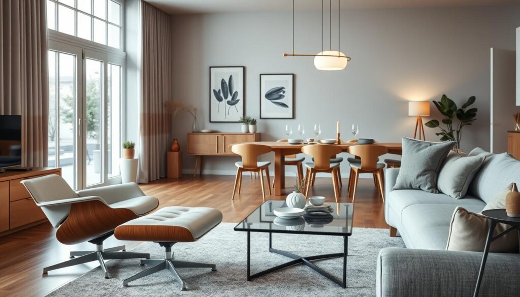 A beautifully arranged living space showcasing iconic modern design furniture, emphasizing the harmony between classic and contemporary elements. In the foreground, a sleek Eames lounge chair and ottoman are positioned alongside a minimalist coffee table made of glass and metal. The middle ground features a stylish Scandinavian dining table set with elegant porcelain and understated lighting fixtures that create a warm glow. In the background, there's a large window allowing natural light to flood in, accentuating the clean lines and inviting atmosphere of the room. The scene is captured with a DSLR camera, using a soft focus effect to bring attention to the furniture. The overall mood is sophisticated yet cozy, reflecting a modern lifestyle.