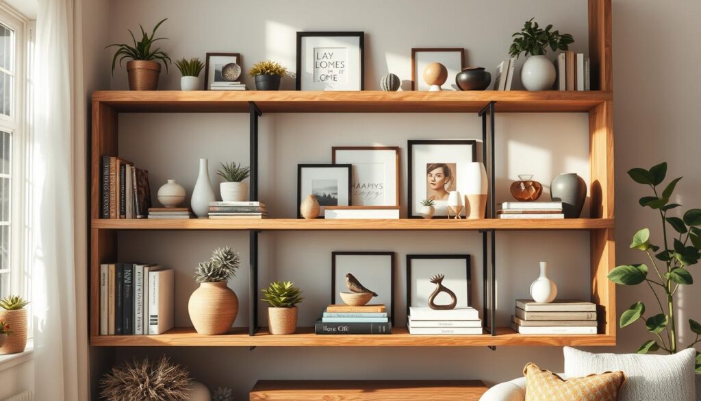 A beautifully arranged open shelf filled with an aesthetic combination of decor and storage items. In the foreground, showcase various stylish books, small plants, and decorative vases, while the middle layer features neatly organized boxes and artful displays. The background includes a softly blurred living room scene bathed in warm, natural light from a nearby window, creating a cozy atmosphere. The image is captured with a DSLR camera, emphasizing the textures of the shelf materials and the colors of the decor. Use a shallow depth of field to focus on the shelf, highlighting the curated items while keeping the background subtly detailed. The overall mood should feel harmoniously inviting and elegant, perfect for illustrating the beauty of organized open shelving.