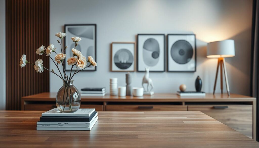 A beautifully arranged sideboard in a modern living room, showcasing a harmonious balance of decor elements. In the foreground, a sleek wooden sideboard displays a minimalist vase with fresh flowers, stacked books, and an elegant candle set. In the middle, a carefully selected assortment of decorative objects, including an artistic sculpture and a stylish lamp, creates visual interest. In the background, soft, ambient lighting fills the room, reflecting off a neutral wall adorned with subtle artworks, enhancing the atmosphere of tranquility and sophistication. The scene is captured in photorealistic detail with a DSLR camera, focusing on a slight angle that accentuates the depth and balance of the arrangement, creating an inviting and harmonious living space.