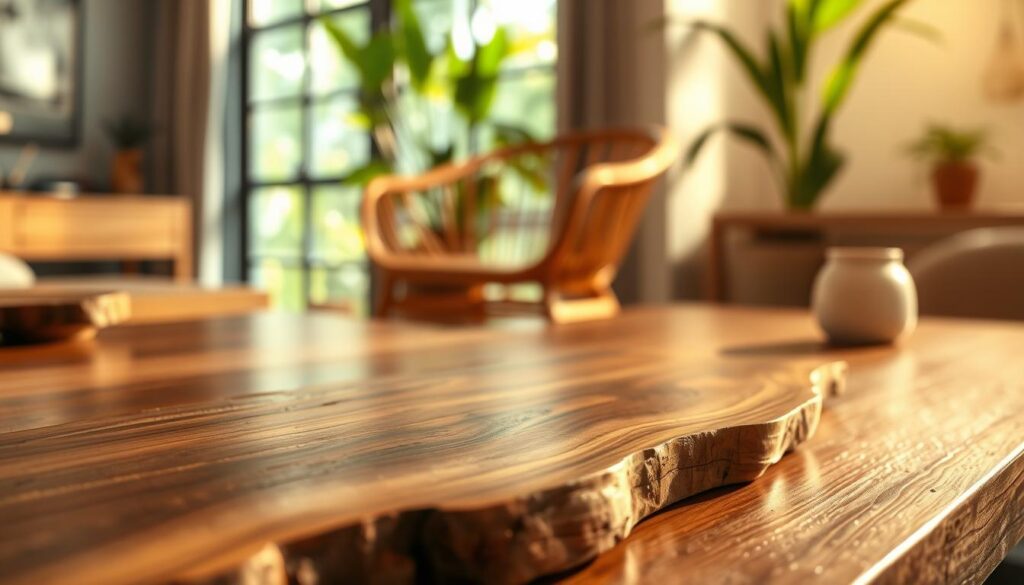 A beautifully arranged tabletop display featuring sustainable furniture materials such as reclaimed wood, bamboo, and cork. In the foreground, showcase a detailed close-up of a polished slab of rich, textured walnut, glistening under soft, natural light. In the middle, include an elegant, minimalist chair made from bent bamboo, highlighting its curves and eco-friendly finish. The background features a softly blurred indoor setting with greenery peeking through a window, enhancing the natural atmosphere. The lighting is warm and inviting, creating a serene mood. Capture this scene with a DSLR camera from a slightly elevated angle to emphasize the beauty and quality of the materials while presenting them in a contemporary residential space. A beautifully arranged tabletop display featuring sustainable furniture materials such as reclaimed wood, bamboo, and cork. In the foreground, showcase a detailed close-up of a polished slab of rich, textured walnut, glistening under soft, natural light. In the middle, include an elegant, minimalist chair made from bent bamboo, highlighting its curves and eco-friendly finish. The background features a softly blurred indoor setting with greenery peeking through a window, enhancing the natural atmosphere. The lighting is warm and inviting, creating a serene mood. Capture this scene with a DSLR camera from a slightly elevated angle to emphasize the beauty and quality of the materials while presenting them in a contemporary residential space.