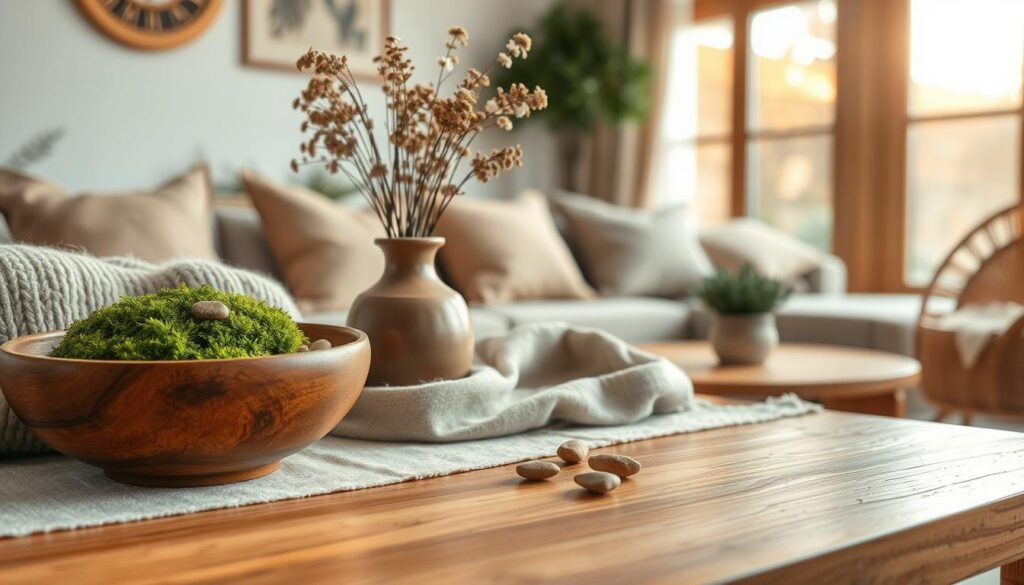 A beautifully arranged tabletop showcasing an elegant mix of natural materials, such as polished wood, soft wool, and handwoven rattan. In the foreground, a close-up of a smooth wooden bowl filled with vibrant green moss and small natural stones. In the middle ground, a soft textile drape in neutral tones complements the earthy colors and textures, alongside a stylish, handcrafted ceramic vase filled with wildflowers. The background features a softly blurred image of a cozy living space, illuminated by warm, natural light that filters through a large window, enhancing the inviting atmosphere. The overall mood is peaceful and harmonious, celebrating the serene beauty of nature-inspired design. Shot with a DSLR camera for a magazine-quality finish, capturing intricate details and textures.