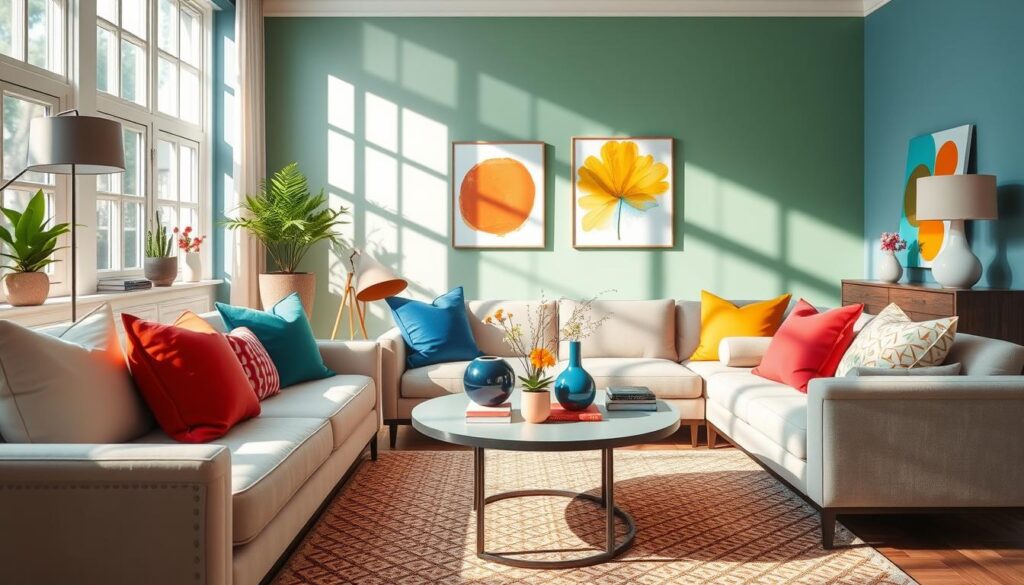 A beautifully decorated living room showcasing color psychology in home environments. In the foreground, a cozy sofa in soft pastel tones, surrounded by vibrant cushions that reflect various color emotions. The middle ground features a stylish coffee table adorned with a variety of colorful decor items, emphasizing harmony and balance. The background reveals walls painted in calming hues of blue and green, and energizing splashes of orange and yellow in artwork. Natural light streams through large windows, casting soft shadows and enhancing the inviting atmosphere. The scene is captured with a DSLR camera, providing a photorealistic perspective, emphasizing the interplay of colors and their impact on mood and ambiance, creating a warm and welcoming setting.