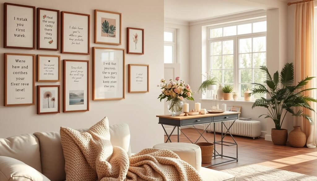 A beautifully decorated living space showcasing feminine wall decor ideas. In the foreground, an elegant gallery wall features an assortment of pastel-toned framed artworks and inspirational quotes in delicate typography. The middle section displays a stylish console table adorned with a tasteful vase of fresh flowers and serene candles, complemented by soft textiles like a knitted throw. The background reveals a cozy room bathed in warm, natural light streaming through large windows, creating a serene atmosphere. Utilize a DSLR camera setting to capture a sharp, photorealistic perspective that emphasizes the decor details and textures, enhancing the inviting and inspiring mood of the feminine space.