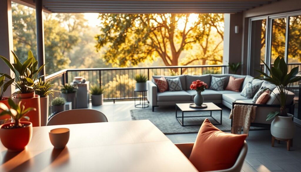 A beautifully designed balcony and terrace set up for a modern outdoor living space during warm seasons. In the foreground, a stylish outdoor dining table with elegant, minimalistic chairs, surrounded by playful potted plants and colorful cushions. In the middle ground, a cozy lounge area featuring a chic sectional sofa adorned with patterned throws, with a coffee table holding a fresh flower arrangement. The background captures a vibrant garden view with sunlight filtering through leaves, casting dappled shadows. The scene is shot in soft, natural lighting, reminiscent of early evening, using a DSLR camera with a shallow depth of field to provide a photorealistic perspective. The mood is warm and inviting, perfect for relaxing or entertaining outdoors.