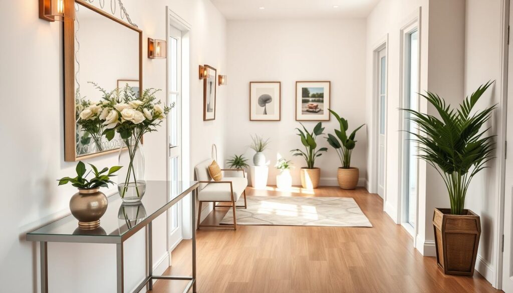 A beautifully designed entrance hall, featuring a harmonious blend of modern and classic elements. In the foreground, a sleek console table topped with a stylish vase of fresh flowers, framed by a decorative mirror that reflects soft, warm lighting. The middle ground includes a cozy area with an elegant bench and neatly arranged potted plants, creating a welcoming atmosphere. In the background, there are soft pastel-colored walls adorned with tasteful artwork and a subtly patterned area rug on polished wooden flooring. The scene is captured with a DSLR camera, using a shallow depth of field to emphasize the inviting ambiance. A soft, natural light filters through a nearby window, casting gentle shadows and enhancing the overall mood of tranquility and organization.
