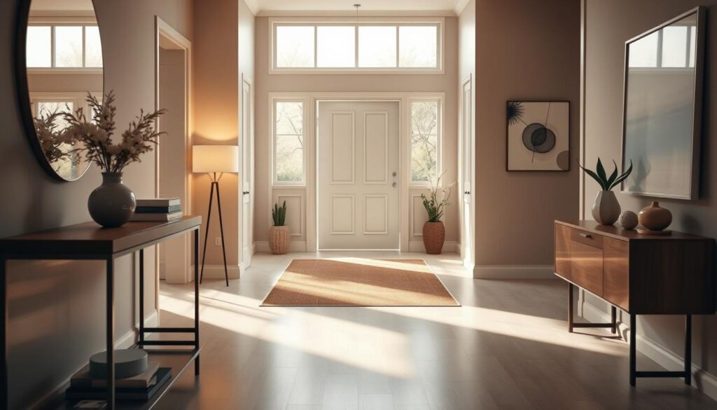 A beautifully designed entrance hallway showcasing stylish decor ideas for a harmonious first impression. In the foreground, a minimalist console table with elegant decorative items like a vase of fresh flowers and ambient table lamp. The middle section features a welcoming area rug leading to an open doorway, framed by soft, natural light filtering in through large windows. In the background, a subtle color palette of soft earthy tones and modern wall art enhances the serene atmosphere. The camera angle is slightly elevated, shot with a DSLR lens for a magazine-quality image, capturing the inviting essence of the space. The overall mood is warm, elegant, and inviting, perfect for inspiring stylish interior design. A beautifully designed entrance hallway showcasing stylish decor ideas for a harmonious first impression. In the foreground, a minimalist console table with elegant decorative items like a vase of fresh flowers and ambient table lamp. The middle section features a welcoming area rug leading to an open doorway, framed by soft, natural light filtering in through large windows. In the background, a subtle color palette of soft earthy tones and modern wall art enhances the serene atmosphere. The camera angle is slightly elevated, shot with a DSLR lens for a magazine-quality image, capturing the inviting essence of the space. The overall mood is warm, elegant, and inviting, perfect for inspiring stylish interior design.