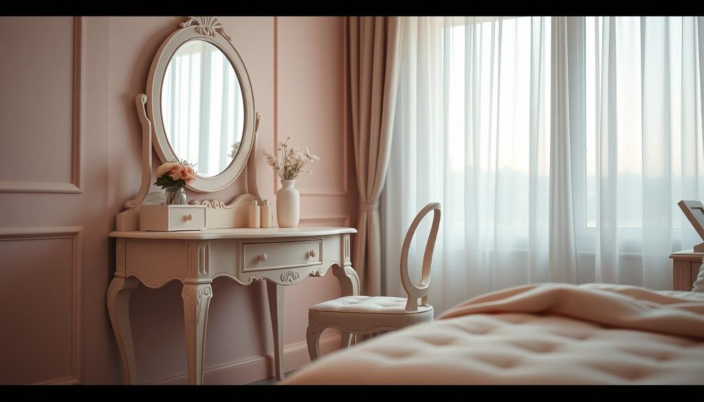 A beautifully designed feminine makeup table in a cozy bedroom setting, showcasing soft pastel colors like blush pink and creamy white. The foreground features an elegantly crafted vanity with a round mirror, adorned with delicate floral accents. In the middle ground, a stylish chair complements the table, placed against a backdrop of soft ambient lighting, creating a warm and inviting atmosphere. The background reveals a lightly draped window adorned with sheer curtains, allowing natural light to softly illuminate the scene, enhancing its charm. The overall composition is captured from a slight angle, emphasizing the table's details, with a photorealistic quality, as if shot with a DSLR camera for a magazine spread. The mood is serene and sophisticated, perfect for a stylish bedroom. A beautifully designed feminine makeup table in a cozy bedroom setting, showcasing soft pastel colors like blush pink and creamy white. The foreground features an elegantly crafted vanity with a round mirror, adorned with delicate floral accents. In the middle ground, a stylish chair complements the table, placed against a backdrop of soft ambient lighting, creating a warm and inviting atmosphere. The background reveals a lightly draped window adorned with sheer curtains, allowing natural light to softly illuminate the scene, enhancing its charm. The overall composition is captured from a slight angle, emphasizing the table's details, with a photorealistic quality, as if shot with a DSLR camera for a magazine spread. The mood is serene and sophisticated, perfect for a stylish bedroom.