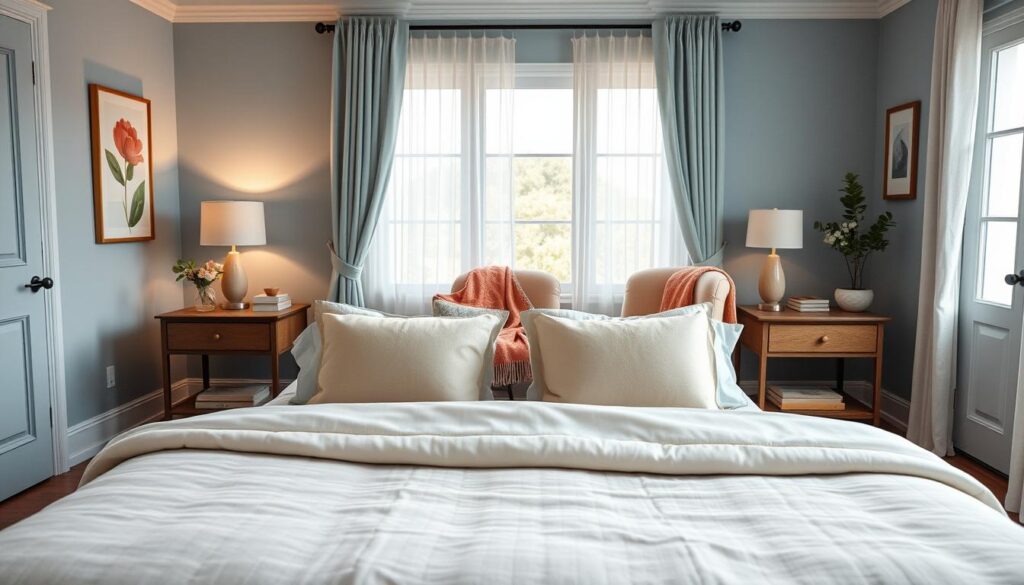 A beautifully designed guest room featuring harmonious colors and cozy decor. In the foreground, a plush bed adorned with soft, pastel-colored bedding and decorative pillows creates an inviting atmosphere. Flanking the bed, stylish nightstands with modern lamps add to the charm. In the middle ground, a small seating area with a comfy armchair and a vibrant throw blanket invites relaxation. A soft rug warms the space beneath. The background reveals a window with sheer curtains allowing gentle, natural light to filter in, highlighting the calming color palette of soft blues and warm neutrals. The overall mood is welcoming and serene, captured as if shot with a DSLR camera, with a shallow depth of field focusing on the inviting elements within the room.