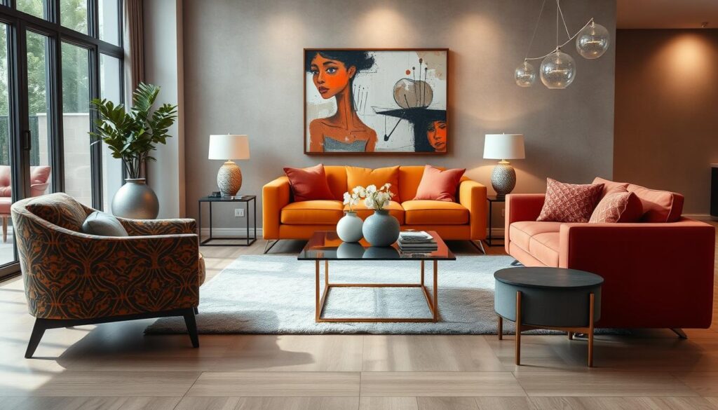 A beautifully designed living room featuring statement furniture pieces that act as stylish focal points. In the foreground, a bold, modern armchair with a vibrant pattern sits beside a sleek glass coffee table adorned with a decorative vase. In the middle ground, a distinctive sofa with an eye-catching color contrasts elegantly with minimalist side tables, while a plush area rug adds warmth. The background features an artistic wall with abstract art and soft ambient lighting that highlights the unique furniture designs. Capture the scene in a warm, inviting atmosphere, with natural light filtering through large windows, shot from a low angle to enhance depth and perspective, giving a photorealistic quality reminiscent of a magazine spread.