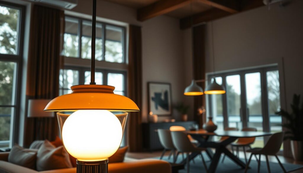 A beautifully designed living room showcasing an elegant selection of designer lamps that create harmonious lighting moods. In the foreground, a stylish, modern lamp with a warm glow cast across a cozy seating area, its design blending seamlessly with contemporary furniture. The middle ground features soft, diffused light from a pendant lamp hanging above a sleek dining table, enhancing the ambiance of the space. In the background, large windows allow natural light to filter in, adding to the warm and inviting atmosphere. The scene is captured from a low angle, emphasizing the lamps and the play of light and shadows. The overall mood is tranquil and sophisticated, ideal for a magazine layout, evoking feelings of comfort and aesthetic beauty in home design.
