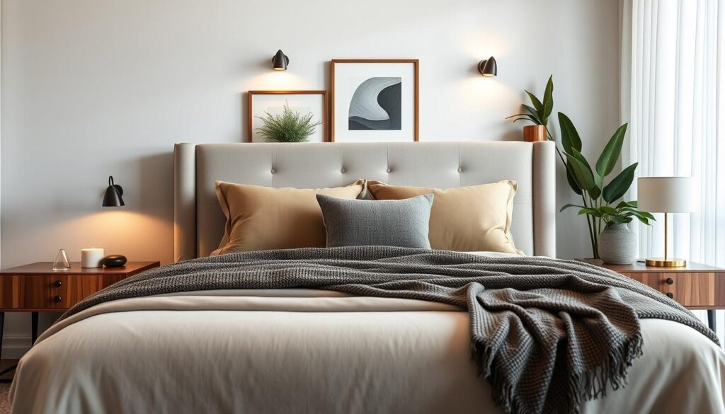 A beautifully designed modern bedroom featuring contemporary bed and headboard designs. In the foreground, show a plush bed with an upholstered headboard in a muted color palette, adorned with stylish pillows and a textured throw. The middle ground includes elegant nightstands with minimalist lamps, reflecting a cozy yet sophisticated atmosphere. In the background, display a well-decorated wall with art, plants, and subtle lighting fixtures, enhancing the room's charm. Use soft, diffused natural light filtering through sheer curtains to create a warm and inviting ambiance. Capture the scene from a slightly elevated angle, resembling a high-quality magazine photoshoot, focused on the intricate details of the bed and décor, emphasizing modern aesthetics and tranquility.