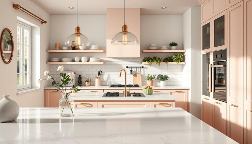 A beautifully designed modern kitchen reflecting feminine inspiration, featuring soft pastel colors like blush pink and mint green. The foreground shows a chic marble countertop with elegant kitchen tools arranged neatly, alongside a delicate vase of fresh flowers. In the middle, a stylish kitchen island is adorned with hanging pendant lights illuminating the space warmly. Shelving in the background displays curated kitchenware and potted herbs, adding a homely touch. The lighting is bright yet soft, creating a welcoming atmosphere, captured from a slightly elevated angle to showcase the layout. The image is photorealistic, reminiscent of a magazine spread, highlighting harmony and elegance in a cooking area.