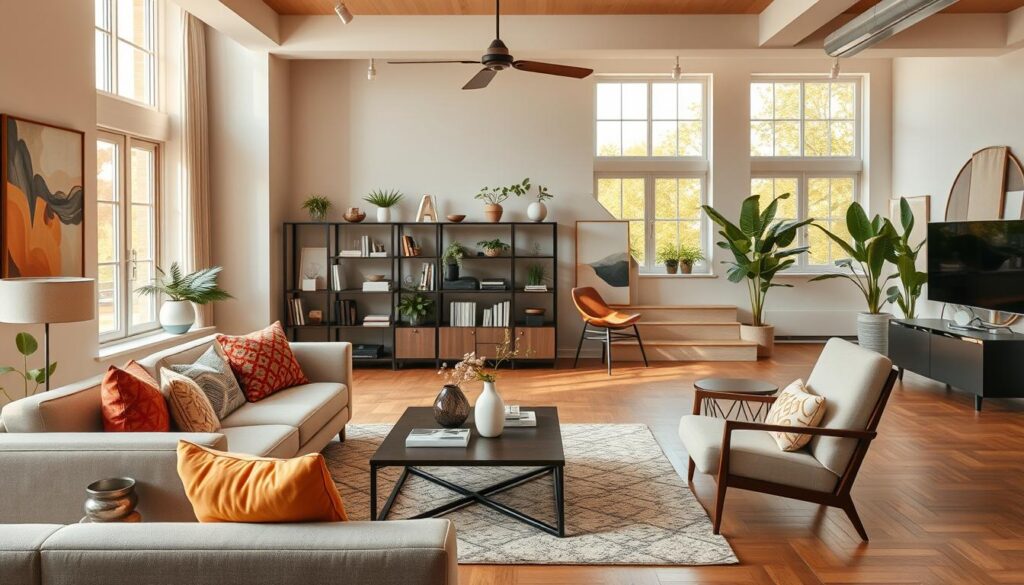 A beautifully designed modern living space showcasing diverse interior styles. In the foreground, a stylish seating area features a contemporary sofa with colorful cushions, a sleek coffee table, and artistic decor. In the middle ground, a mix of modern and traditional accents, such as a minimalist bookshelf with plants and a vintage armchair, highlight the fusion of design elements. The background reveals large windows allowing warm, natural light to flood the room, creating an inviting atmosphere. Warm, neutral tones dominate the decor, with splashes of vibrant colors from artwork and accessories. The scene is captured with a DSLR camera, emphasizing depth and detail, conveying a harmonious blend of inspiring styles for a modern home.