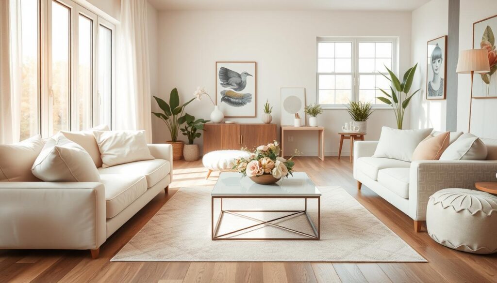 A beautifully designed modern living space that embodies feminine concepts through soft colors and gentle materials. The foreground features a cozy seating area with plush pastel-colored cushions and a chic, elegant coffee table adorned with delicate floral arrangements. In the middle, a stylish rug adds warmth to the wooden floor, while light curtains softly flutter in a gentle breeze. The background showcases a wall decorated with tasteful art and a subtle hint of greenery from potted plants. The overall ambiance is bright and airy, achieved through natural light pouring in from large windows, with a warm, diffused glow to create a serene atmosphere. Captured with a DSLR camera, focus on a slightly angled view to enhance depth and make the space feel inviting and comfortable. A beautifully designed modern living space that embodies feminine concepts through soft colors and gentle materials. The foreground features a cozy seating area with plush pastel-colored cushions and a chic, elegant coffee table adorned with delicate floral arrangements. In the middle, a stylish rug adds warmth to the wooden floor, while light curtains softly flutter in a gentle breeze. The background showcases a wall decorated with tasteful art and a subtle hint of greenery from potted plants. The overall ambiance is bright and airy, achieved through natural light pouring in from large windows, with a warm, diffused glow to create a serene atmosphere. Captured with a DSLR camera, focus on a slightly angled view to enhance depth and make the space feel inviting and comfortable.