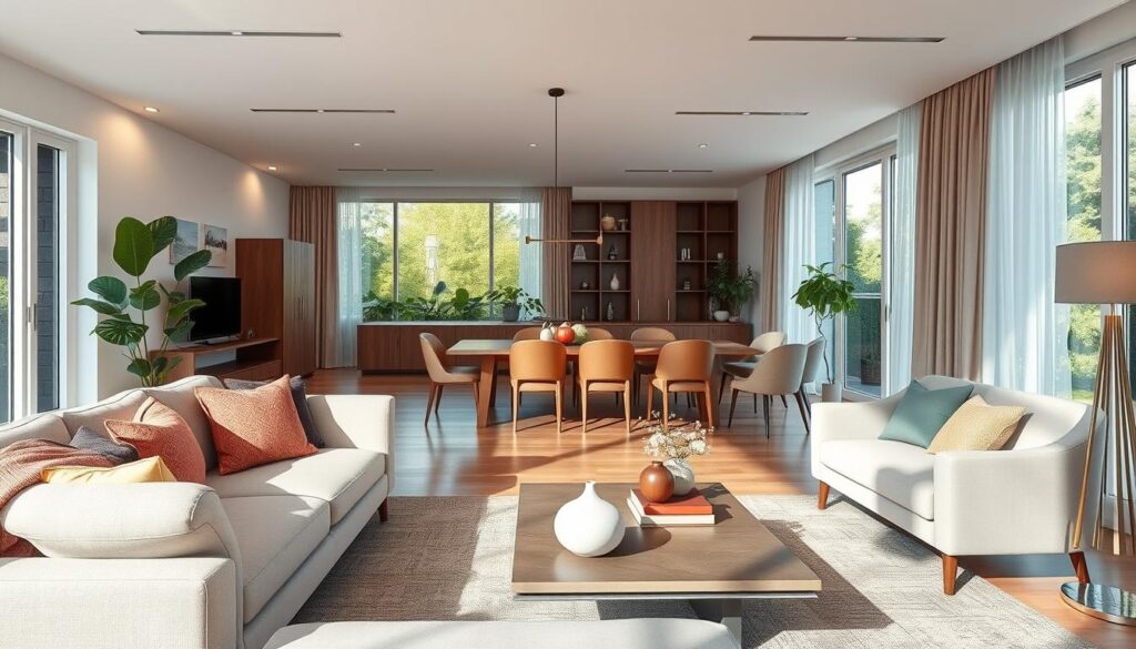 A beautifully designed open living space that reflects harmony and functionality. In the foreground, a cozy seating area with a modern sofa in neutral tones, accented with colorful cushions. A sleek coffee table holds stylish decor items. In the middle ground, a dining area featuring a polished wooden table and elegant chairs, surrounded by greenery. The background showcases large windows allowing natural light to flood the room, complemented by stylish curtains. Soft lighting illuminates the space, creating a warm and inviting atmosphere. A subtle color palette of soft blues and earthy tones enhances the serene mood. Shot with a DSLR camera from a low angle to capture the spaciousness, this image embodies the essence of structured and inviting open living areas without any distractions or text. A beautifully designed open living space that reflects harmony and functionality. In the foreground, a cozy seating area with a modern sofa in neutral tones, accented with colorful cushions. A sleek coffee table holds stylish decor items. In the middle ground, a dining area featuring a polished wooden table and elegant chairs, surrounded by greenery. The background showcases large windows allowing natural light to flood the room, complemented by stylish curtains. Soft lighting illuminates the space, creating a warm and inviting atmosphere. A subtle color palette of soft blues and earthy tones enhances the serene mood. Shot with a DSLR camera from a low angle to capture the spaciousness, this image embodies the essence of structured and inviting open living areas without any distractions or text.