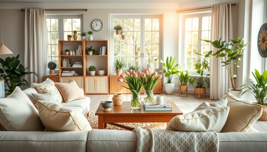 A beautifully designed spring living space, showcasing fresh and vibrant ideas for seasonal decor. In the foreground, a cozy, inviting sofa adorned with pastel-colored cushions and a floral throw blanket. The middle ground features a stylish coffee table with a vase of blooming tulips and an open bookshelf filled with spring-themed decor items. In the background, large windows let in warm, natural light, illuminating the room filled with greenery from potted plants. The atmosphere is cheerful and uplifting, evoking a sense of renewal and creativity. The image should resemble a high-quality magazine photograph, taken with a DSLR camera, focusing on a bright, airy aesthetic that embodies the essence of spring inspiration.