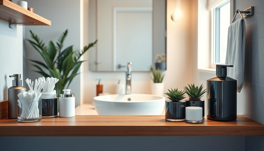 A beautifully organized bathroom showcasing elegant storage solutions. In the foreground, a sleek wooden shelf displays neatly arranged toiletries in stylish containers, including cotton swabs and luxury soaps. The middle ground features a stunning marble basin with a polished faucet, surrounded by ornamental plants for a fresh touch. In the background, a well-lit mirror reflects a clean, minimalist design, with soft natural light filtering through a window. The atmosphere is serene and aesthetically pleasing, emphasizing harmony and sophistication in small and large spaces. The shot is taken from a slight angle, capturing the depth and inviting ambiance with a warm color palette. Perfect for a magazine layout, conveyed in photorealistic detail as if captured with a high-end DSLR camera.