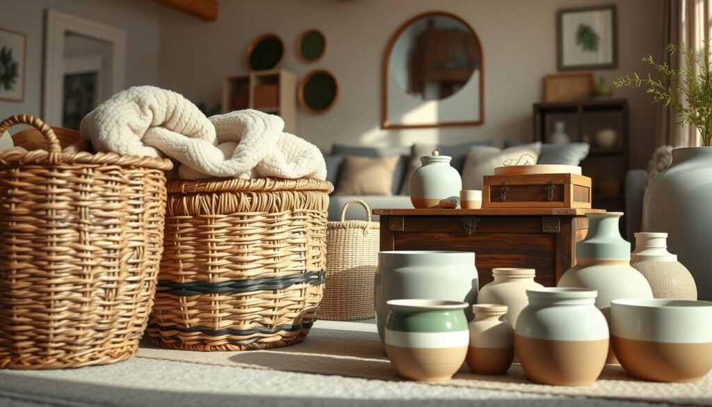 A beautifully organized interior space featuring a variety of decorative baskets, boxes, and containers that create a harmonious and cohesive atmosphere. In the foreground, showcase an elegant woven basket filled with soft blankets, next to a stylish wooden box with intricate designs. The middle ground includes various containers made of ceramic and fabric, in soothing colors like muted greens and soft pastels. In the background, a cozy living room is illuminated by warm, natural light coming through a window, casting gentle shadows. The setting conveys a calm and inviting mood, perfect for a harmonious home decor environment. Photorealistic detail, captured with a DSLR camera, emphasizing textures and colors for a magazine-quality image. A beautifully organized interior space featuring a variety of decorative baskets, boxes, and containers that create a harmonious and cohesive atmosphere. In the foreground, showcase an elegant woven basket filled with soft blankets, next to a stylish wooden box with intricate designs. The middle ground includes various containers made of ceramic and fabric, in soothing colors like muted greens and soft pastels. In the background, a cozy living room is illuminated by warm, natural light coming through a window, casting gentle shadows. The setting conveys a calm and inviting mood, perfect for a harmonious home decor environment. Photorealistic detail, captured with a DSLR camera, emphasizing textures and colors for a magazine-quality image.