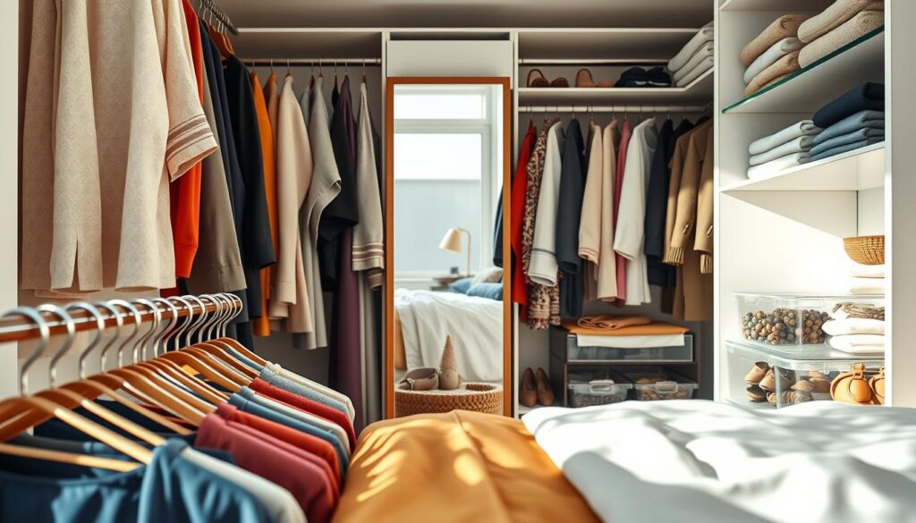 A beautifully organized wardrobe scene, showcasing a modern and stylish closet interior. In the foreground, there are neatly arranged clothes on hangers, exhibiting vibrant colors, with some folded garments on shelves. Mid-ground features clear boxes filled with accessories like scarves and belts, all meticulously sorted. The background reveals a full-length mirror reflecting the elegant layout. Soft, natural light filters through a nearby window, casting gentle shadows that enhance the depth and texture of the clothing. The atmosphere conveys calmness and order, perfect for a serene bedroom setting. Capture this with a detailed photorealistic perspective, as if taken with a DSLR camera, focusing on the organization and aesthetic appeal of the wardrobe. A beautifully organized wardrobe scene, showcasing a modern and stylish closet interior. In the foreground, there are neatly arranged clothes on hangers, exhibiting vibrant colors, with some folded garments on shelves. Mid-ground features clear boxes filled with accessories like scarves and belts, all meticulously sorted. The background reveals a full-length mirror reflecting the elegant layout. Soft, natural light filters through a nearby window, casting gentle shadows that enhance the depth and texture of the clothing. The atmosphere conveys calmness and order, perfect for a serene bedroom setting. Capture this with a detailed photorealistic perspective, as if taken with a DSLR camera, focusing on the organization and aesthetic appeal of the wardrobe.