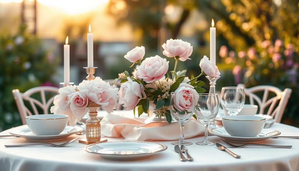 A beautifully set table for a special occasion, showcasing feminine inspirations for dinner and brunch. The foreground features an elegantly arranged table with fine china, delicate floral centerpieces featuring soft pink and white peonies, and shimmering candle holders. In the middle, soft fabrics drape the table, creating layers of texture, complemented by sparkling glassware and polished cutlery. The background shows a softly blurred garden setting, bathed in warm, golden hour lighting that casts a serene glow over the scene. Capture a photorealistic perspective as if taken with a DSLR camera, emphasizing the inviting atmosphere and charm of a special gathering, perfect for an elegant dinner or brunch celebration. No text or overlays.
