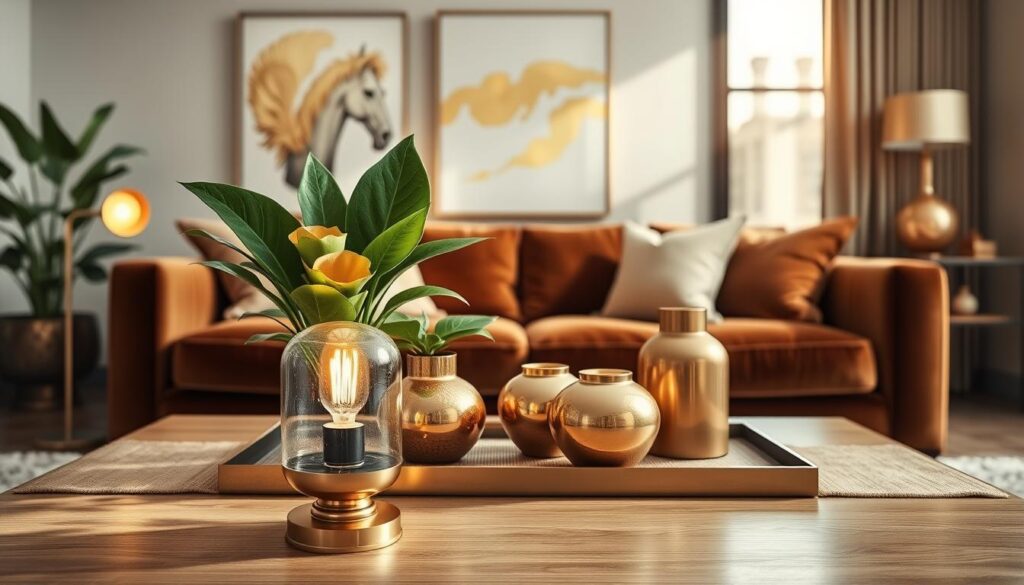 A beautifully styled modern living space featuring warm gold and brass accents, focusing on a chic coffee table adorned with elegant brass decor pieces, lush green plants, and a soft textured table runner. The foreground showcases a stylish brass lamp, casting a warm glow, while the middle ground highlights a luxurious velvet sofa in rich, deep tones. In the background, softly blurred abstract art pieces with gold and brass elements create a harmonious atmosphere. The scene is illuminated with soft, natural light streaming in through a large window, enhancing the inviting warmth of the metallic tones. Capture this in a detailed, photorealistic style as if shot with a DSLR camera for a magazine, conveying a modern, sophisticated vibe.