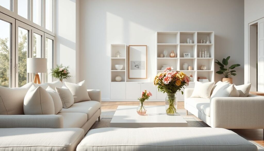 A bright, inviting living space dominated by shades of white, showcasing a harmonious blend of textures. In the foreground, a plush white sofa with soft cushions invites relaxation, complemented by muted pastel throw pillows. The middle section features a sleek, white coffee table adorned with a vase of fresh, vibrant flowers. Behind, large windows allow natural light to flood the room, highlighting a minimalist white shelving unit filled with curated decor items. The walls are a soft eggshell white, enhancing the sense of spaciousness. The atmosphere feels airy and serene, with a warm, sunlit glow that enhances the overall brightness. Shot with a DSLR camera, capturing a photorealistic perspective that emphasizes clean lines, depth, and inviting warmth, ideal for a magazine feature.