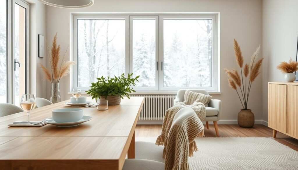 A cozy Scandinavian interior that embodies the essence of Scandinavian design, featuring natural elements such as a light wood dining table adorned with simple, elegant tableware and a lush green plant centerpiece. The foreground showcases a textured woolen throw draped casually over a modern, minimalist armchair. In the middle, large windows allow soft, diffused natural light to pour in, illuminating the warm, neutral color palette of the walls and furniture. A subtle Scandinavian-style rug ties the space together. The background features a serene view of a snow-dusted forest through the windows, enhancing the tranquil atmosphere. The scene is captured with a DSLR camera, focusing on the intricate details and textures, creating a harmonious, inviting mood.