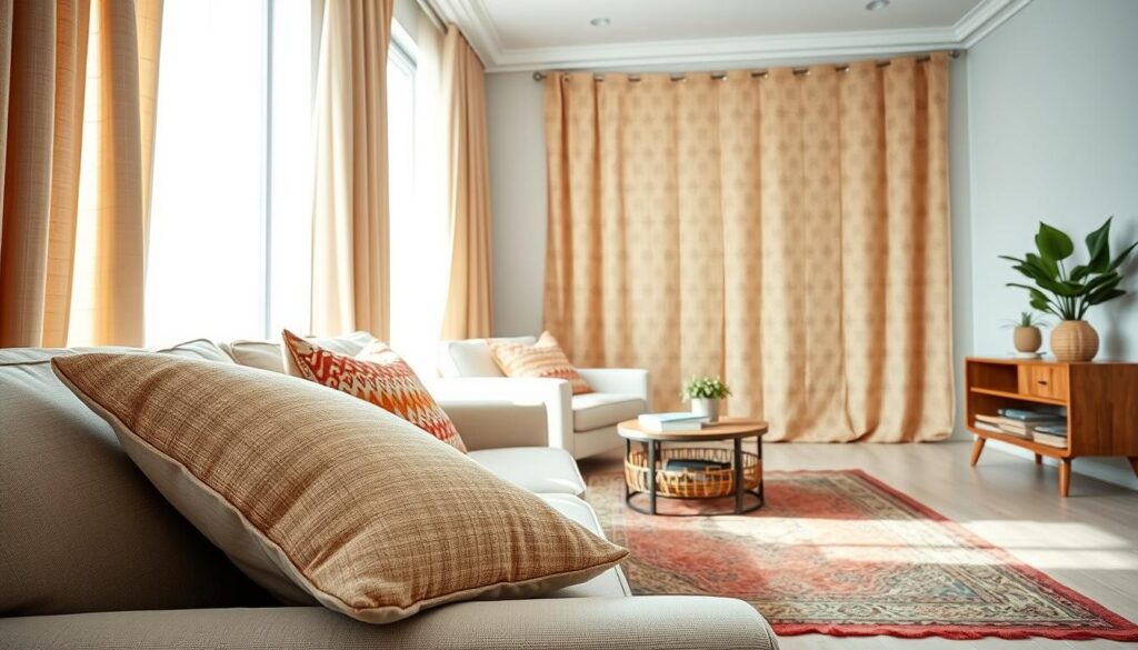 A cozy and inviting living room interior that showcases an elegant arrangement of textiles, including draped curtains, decorative cushions, and a vibrant area rug. In the foreground, a plush, patterned cushion lies on a soft sofa, while in the middle ground, flowing curtains frame a bright window, allowing natural light to filter in softly. The background features a beautifully woven area rug that adds warmth to the space, along with a stylish coffee table adorned with a few plants and books. The lighting is bright yet soft, resembling a photographic shoot with a DSLR camera, capturing the intricate textures of each textile. The overall mood is serene and harmonious, emphasizing the importance of textiles in creating a cohesive room ambiance.