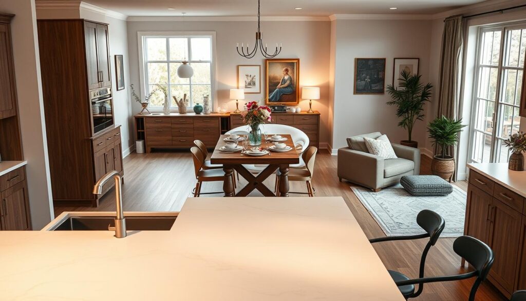 A cozy and modern kitchen-living room hybrid, featuring a seamless blend of cooking and living spaces. In the foreground, a stylish kitchen island with a polished countertop, surrounded by elegant bar stools. In the middle, a warm dining area with a wooden table set for a meal, complemented by tasteful decorations such as vases with fresh flowers and soft, ambient lighting. The background showcases a comfortable living room with a plush sofa and tasteful artwork adorning the walls. Natural light streams in through large windows, creating a welcoming atmosphere. Captured with a DSLR camera, this photorealistic image emphasizes harmonious design and the inviting feel of everyday life, aimed at illustrating the connection between cooking, living, and decoration.