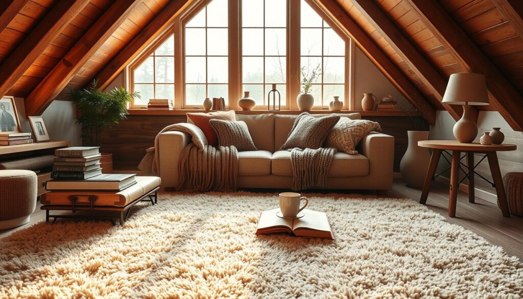 A cozy attic interior beautifully designed with warm materials. In the foreground, a plush beige rug sits beneath a wooden coffee table, adorned with a stack of books and a steaming mug. The middle ground features a comfortable, inviting sofa draped with cozy knit throws and soft cushions, complemented by a wooden side table with a sleek lamp. In the background, large windows allow warm, natural light to flood in, illuminating exposed wooden beams and rustic decor. A potted plant adds a touch of greenery, enhancing the tranquil atmosphere. The scene captures a harmonious blend of comfort and style, shot with a DSLR camera to evoke a magazine-quality, photorealistic feel.