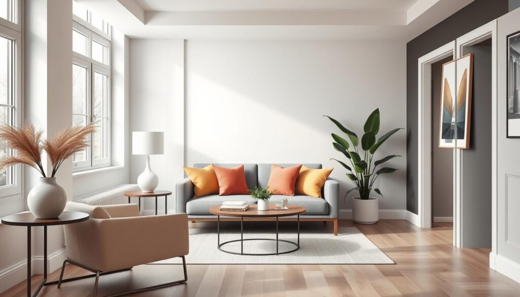 A cozy, elegantly designed small living space showcasing innovative color concepts for maximizing visual depth. In the foreground, a stylish armchair in soft pastel hues, complemented by a sleek side table with a decorative vase. The middle ground features a compact, modern couch adorned with vibrant throw pillows, creating an inviting focal point. The walls are painted in a harmonious blend of light and contrasting darker shades, enhancing the sense of space. Large windows allow natural light to flood in, creating a warm, welcoming atmosphere. In the background, potted plants add a touch of greenery, emphasizing the airy feel. Shot with a DSLR camera from a slightly elevated angle, ensuring a detailed, photorealistic perspective that captures the essence of harmonious color design for small rooms.