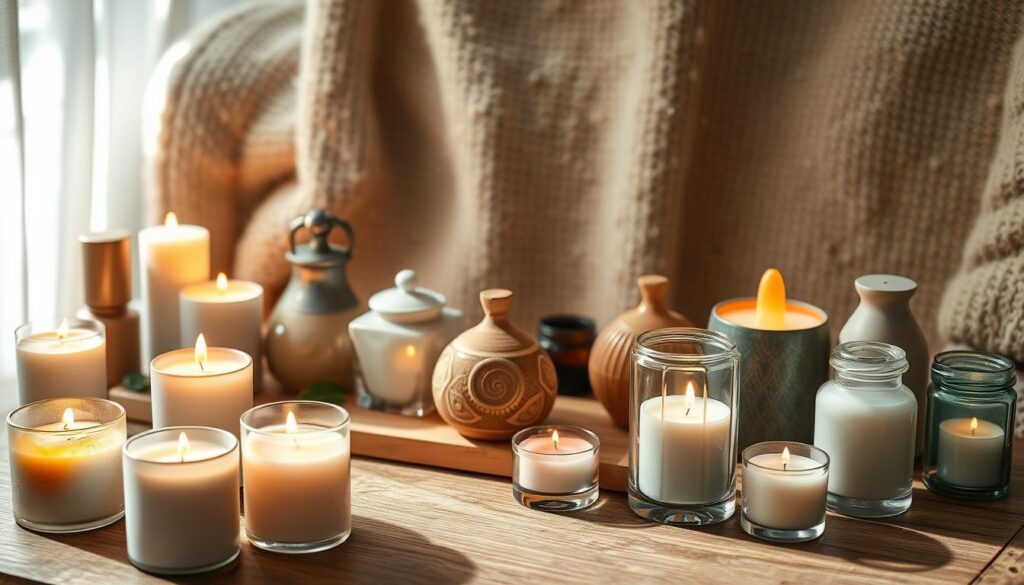 A cozy, inviting scene featuring an array of elegant candles and aromatic diffusers, arranged artfully on a wooden table. In the foreground, various candles in different shapes and sizes emit a warm, flickering glow, casting gentle shadows. The middle ground includes beautifully crafted ceramic and glass diffusers filled with colorful essential oils, with delicate wisps of fragrant steam rising. A plush, textured fabric serves as the backdrop, enhancing the scene’s warmth and comfort. Soft, natural light bathes the entire setting, creating an intimate atmosphere, captured as if through a DSLR lens with a shallow depth of field to focus on the candles and diffusers. This scene evokes a sense of tranquility and style, perfect for enhancing a home’s ambiance.