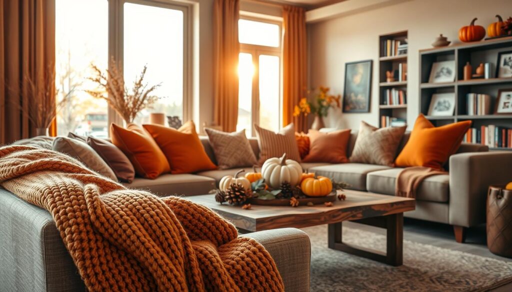 A cozy living room decorated for autumn, featuring warm color schemes of deep oranges, rich browns, and soft yellows. In the foreground, a plush, textured throw blanket drapes over a stylish, modern sofa adorned with seasonal cushions. A rustic wooden coffee table is set with a decorative centerpiece of pumpkins, pine cones, and dried leaves. In the middle ground, a floor-to-ceiling window lets in soft, golden sunlight, creating a warm glow that enhances the inviting atmosphere. The background showcases a bookshelf filled with books and a few pieces of fall-themed art on the walls. The scene is captured with a DSLR camera to achieve a detailed, photorealistic effect, conveying a serene and welcoming autumn vibe.