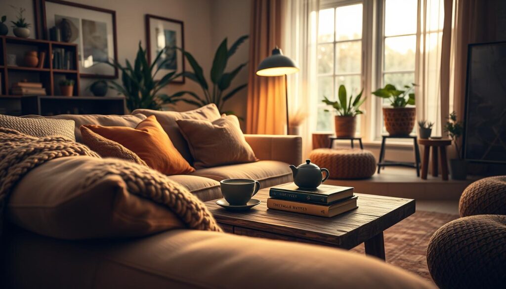 A cozy living room designed for warmth and atmosphere. In the foreground, a plush, oversized sofa adorned with soft, textured cushions in earthy tones. A chunky knitted throw drapes over the armrest, enhancing the inviting feel. In the middle, a rustic coffee table holds a steaming cup of herbal tea, surrounded by a few well-loved books. Soft, ambient lighting emanates from a stylish floor lamp in the corner, casting a warm glow across the scene. The background features a large window with sheer curtains, allowing natural light to filter in, illuminating potted plants and framed artwork that reflect a serene, comfortable vibe. The image should evoke a sense of relaxation and belonging, shot with a DSLR camera to capture photorealistic details.