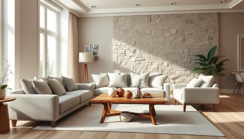A cozy living room showcasing a harmonious blend of various materials, emphasizing the aesthetic transformation brought by the mix. In the foreground, an inviting sofa adorned with textured cushions sits atop a soft area rug. The middle ground features a wooden coffee table paired with ceramic decorative elements, while in the background, an accent wall incorporates natural stone and soft pastel paints, creating a warm atmosphere. Natural light filters through large windows, casting gentle shadows and enhancing the colors. The scene captures a sophisticated yet comfortable vibe, with attention to detail in surface textures and a thoughtfully arranged space, all shot with a DSLR camera to achieve a lifelike quality.