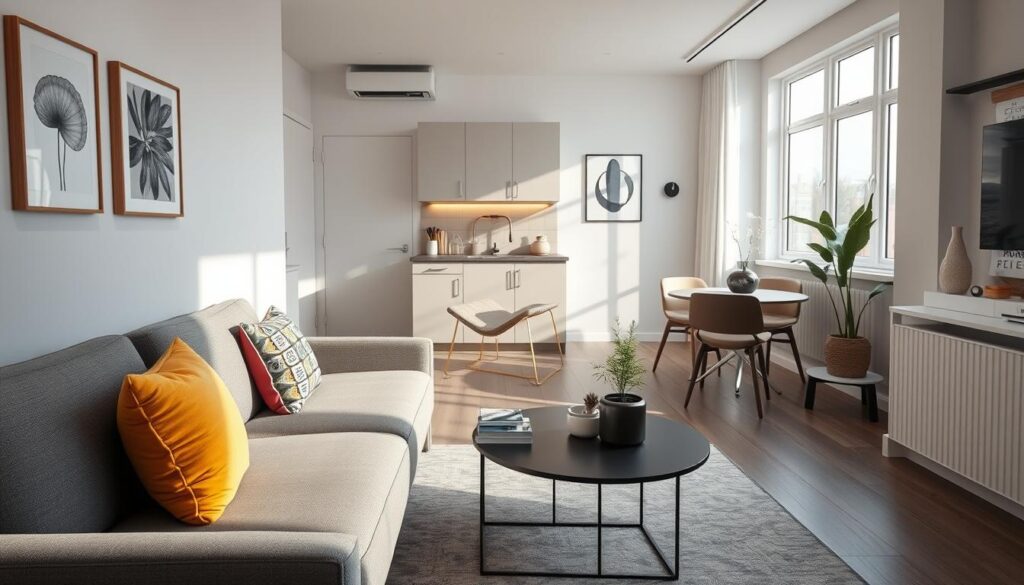A cozy, stylish small apartment interior showcasing innovative space-saving solutions. In the foreground, a sleek, multifunctional sofa with colorful throw pillows, paired with a small, elegant coffee table holding decorative books and a plant. The middle ground features a compact dining area with modern chairs around a round table, adorned with a tasteful centerpiece. A small, well-organized kitchen area is visible, highlighting smart storage options and minimalist design. In the background, a large window allows natural light to pour in, casting soft shadows and creating a warm, inviting atmosphere. The scene is captured with a DSLR camera, emphasizing sharp details and vibrant colors, conveying a sense of comfort and sophistication.