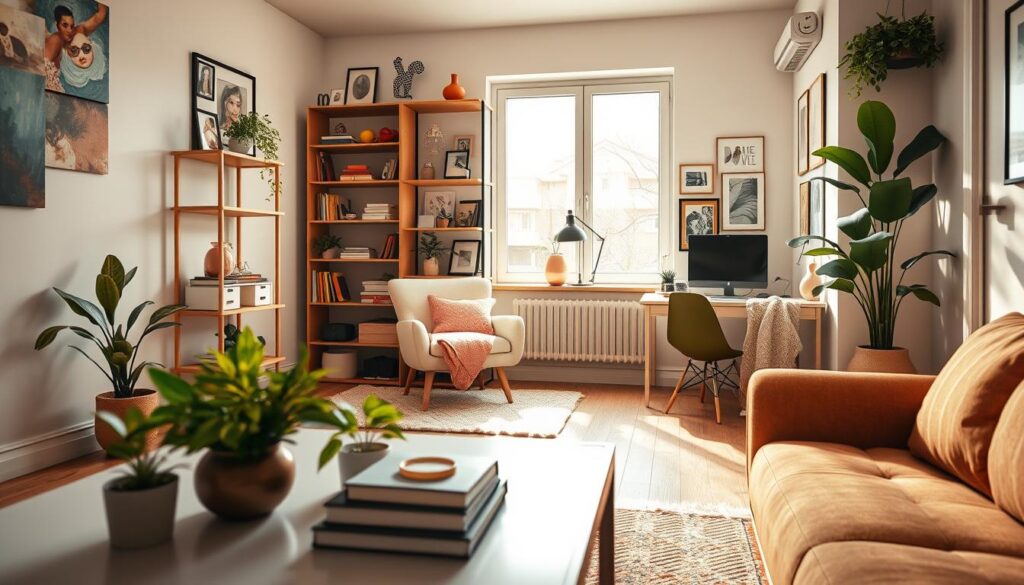 A cozy, stylish small room beautifully decorated with smart space-saving solutions. In the foreground, a minimalist coffee table with vibrant plants and decorative books. The middle features a compact, well-organized shelving unit, filled with colorful decor items, and a comfortable armchair draped with a soft throw. The background showcases a wall-mounted desk with a workspace, adorned with artistic elements, and a large window allowing natural light to flood the room. The atmosphere is warm and inviting, with soft lighting that enhances the colors of the decor. Captured in a detailed photorealistic style, resembling a magazine shoot taken with a DSLR camera, perfectly framing the essence of stylish small space ideas. A cozy, stylish small room beautifully decorated with smart space-saving solutions. In the foreground, a minimalist coffee table with vibrant plants and decorative books. The middle features a compact, well-organized shelving unit, filled with colorful decor items, and a comfortable armchair draped with a soft throw. The background showcases a wall-mounted desk with a workspace, adorned with artistic elements, and a large window allowing natural light to flood the room. The atmosphere is warm and inviting, with soft lighting that enhances the colors of the decor. Captured in a detailed photorealistic style, resembling a magazine shoot taken with a DSLR camera, perfectly framing the essence of stylish small space ideas.