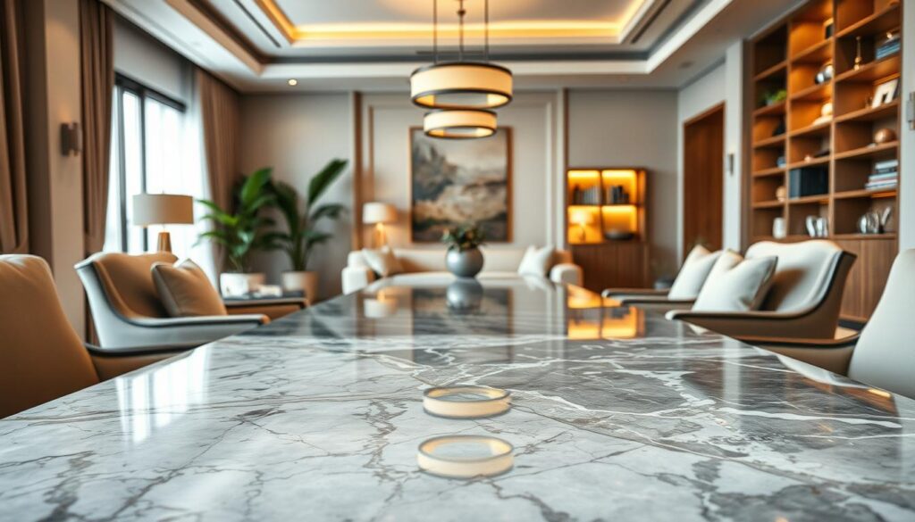 A luxurious interior space featuring a stunning marble table surrounded by elegant, soft-cushioned chairs, showcasing the beauty of marble and other stone materials as noble surfaces for living areas. In the foreground, focus on the intricate veining of the polished marble, capturing its glossy finish and rich textures. The middle ground features a stylish living room with tasteful decor, including stone accents, warm lighting cast from chic pendant lamps, and lush indoor plants. The background hints at a contemporary bookshelf filled with decorative items and ambient lighting, creating a cozy atmosphere. Shot with a DSLR camera, the image is illuminated by soft, natural light that enhances the textures, taken from a slightly elevated angle to capture the entire scene in a photorealistic style.
