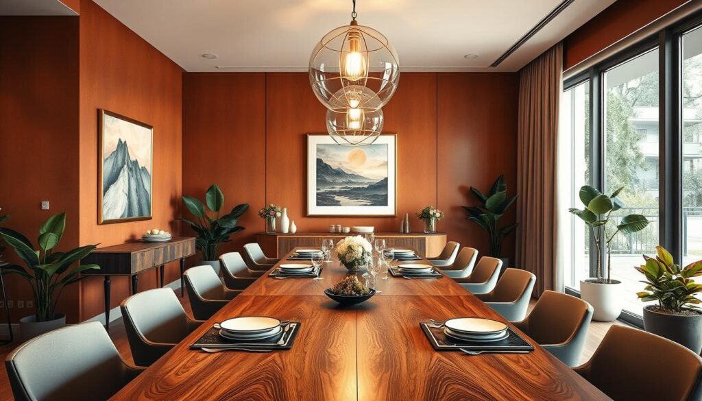 A modern dining room design showcasing an elegant combination of colors, furniture, and lighting. In the foreground, a sleek wooden dining table set with stylish tableware, surrounded by well-designed chairs. In the middle, the walls adorned with rich, warm tones and framed artwork that complements the decor. Beautiful pendant lights hanging above the table cast a soft, inviting glow. In the background, large windows allow natural light to flood the space, illuminating a few potted plants in the corners. The atmosphere exudes sophistication and comfort, perfect for elegant dining experiences. The scene should be captured with a DSLR camera, focusing on fine details, with natural lighting enhancing the overall ambiance. A modern dining room design showcasing an elegant combination of colors, furniture, and lighting. In the foreground, a sleek wooden dining table set with stylish tableware, surrounded by well-designed chairs. In the middle, the walls adorned with rich, warm tones and framed artwork that complements the decor. Beautiful pendant lights hanging above the table cast a soft, inviting glow. In the background, large windows allow natural light to flood the space, illuminating a few potted plants in the corners. The atmosphere exudes sophistication and comfort, perfect for elegant dining experiences. The scene should be captured with a DSLR camera, focusing on fine details, with natural lighting enhancing the overall ambiance.