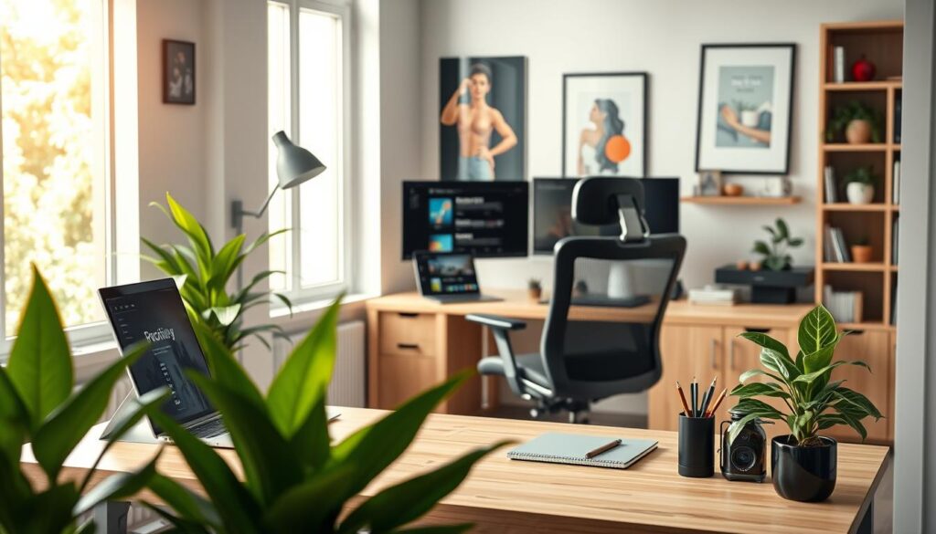 A modern home office setup designed for productivity, featuring a sleek, minimalist desk made of light wood with a smart monitor setup and a stylish ergonomic chair. In the foreground, lush green plants add a refreshing touch, alongside neatly arranged stationery and a laptop displaying a productivity app. The middle section showcases a large window allowing natural light to flow in, illuminating the space with a warm, inviting glow. Subtle touches of vibrant decor on the walls and inspirational artwork enhance creativity. The background presents a bookcase filled with books and decorative items. Shot with a DSLR camera, focusing on sharp details and a soft bokeh effect, creating a serene atmosphere that embodies professionalism and innovation in workspace design.
